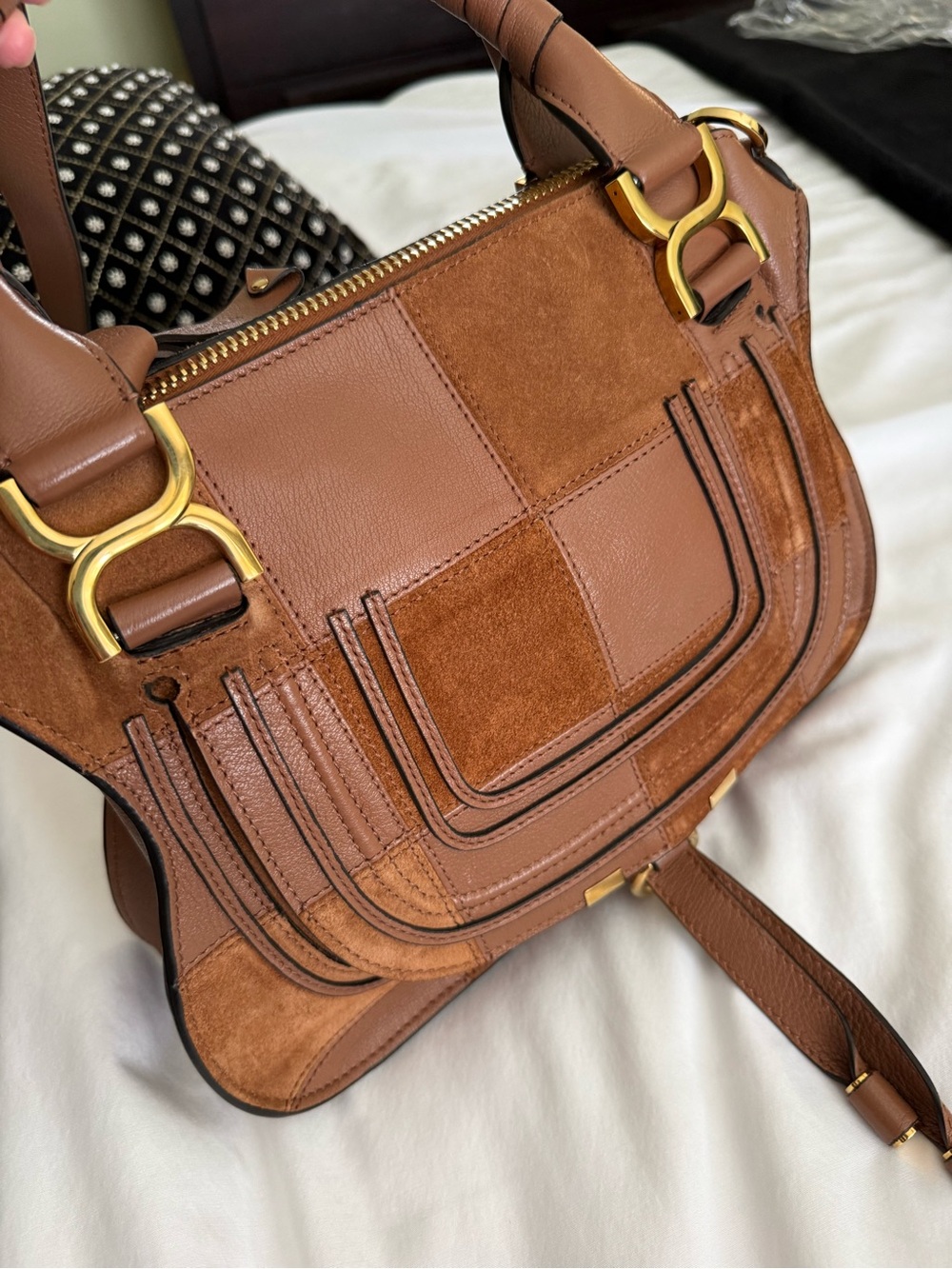 The Chloé Marcie Leather & Suede Patchwork Satchel in Dusty Tan NWT - Picture 14 of 17